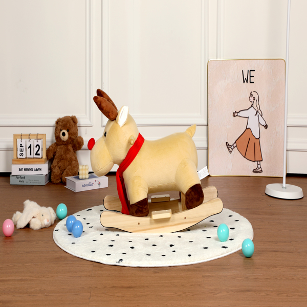 儿童骑乘摇摇马玩具，带摇篮曲，麋鹿造型，配有手偶和安全带，适合1-3岁儿童，柔软毛绒面料，杏色，通过CPC认证-6