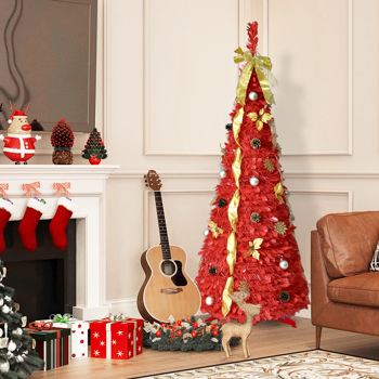 6英尺红色弹出式圣诞树，配有150个暖白色LED灯，包含装饰品——4条丝带、蝴蝶结、鲜花、雪花、松果和彩球——易于组装，节省空间，是理想的节日装饰品。