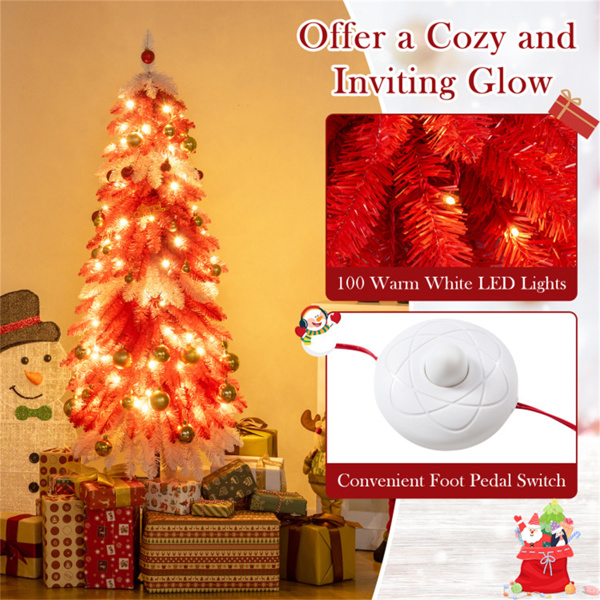 5英尺草莓蛋糕圣诞树-301枝梢，100个暖白色LED，红色+白色+棕色PVC/金属-9