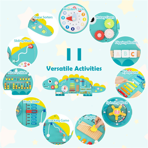 11合1恐龙活动墙忙碌板面板——木质感官玩具绿色-7
