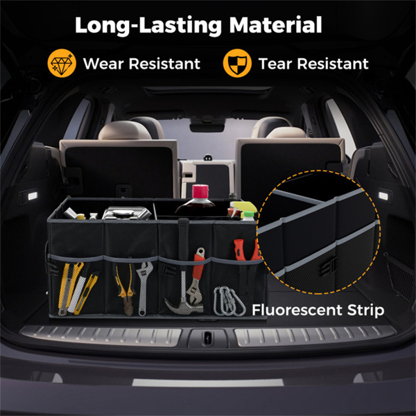 13加仑汽车后备箱收纳器-3个隔间+6个口袋，600D牛津布，防滑底座，黑色-7