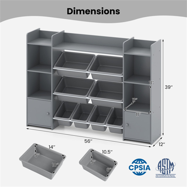 灰色多功能儿童储物架-玩具收纳架+书架，56英寸x12英寸x39英寸，防倾倒，容量265磅-6