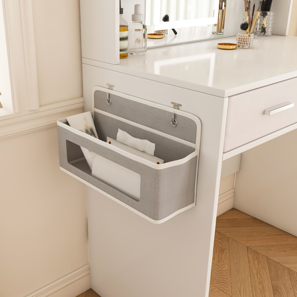 女士/女孩专用带灯LED镜面梳妆台 - 三色可调灯带、两个大抽屉、吹风机支架和无纺布收纳袋，化妆桌卧室家具-12