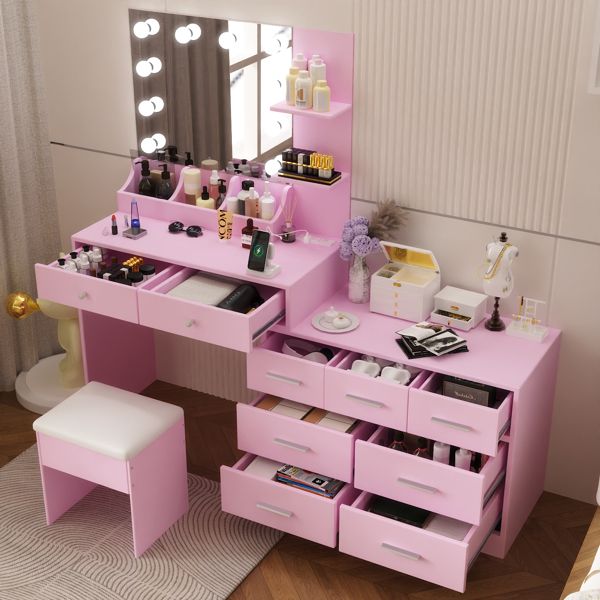 马卡龙粉 刨花板 贴麻面三胺 9抽2层架 1桌面收纳 梳妆桌套装 带三色调光灯泡 组合柜-5