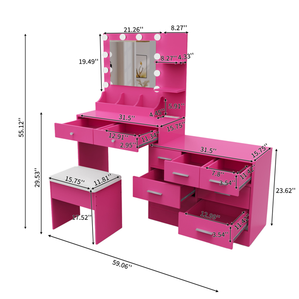芭比粉 刨花板 贴麻面三胺 9抽2层架 1桌面收纳 梳妆桌套装 带三色调光灯泡 组合柜-4