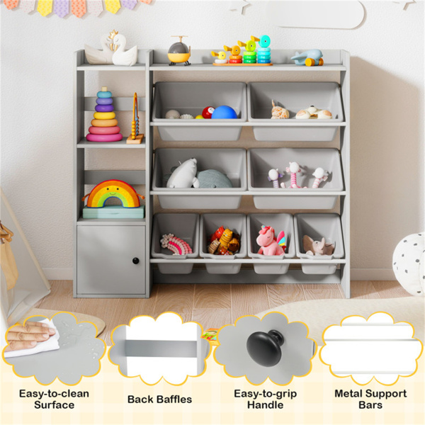 儿童玩具收纳架（灰色）-44英寸x12英寸x39.5英寸，8个储物箱，开放式货架+橱柜-9
