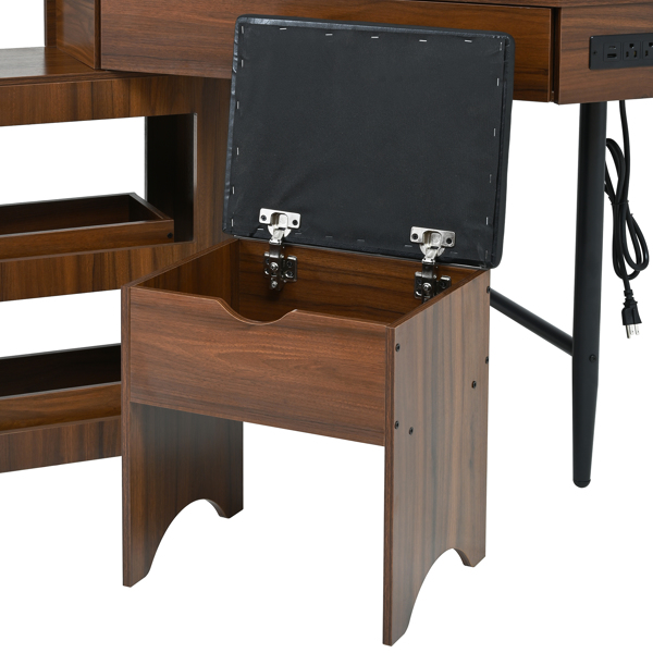 转角梳妆台套装，带储物软垫凳和充电站；三角形化妆台，带可拆卸拉出式侧柜；玻璃桌面化妆台，带抽屉和搁板；胡桃木色-8