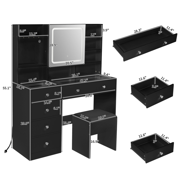 黑色 刨花板 钢化玻璃桌面 贴麻面三胺 5抽 带层架 带挂钩 带镜柜 梳妆桌套装 带排插 带LED三色调光镜-2