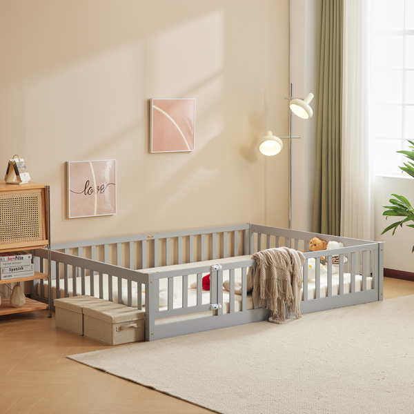 灰色 油漆面 松木 围栏床 带门 带铺板 Full 儿童木床-12