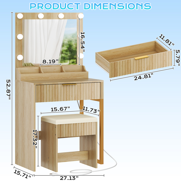 橡木色 刨花板 贴麻面三胺 1抽3格 梳妆桌套装 带8粒三色调光灯泡 排插 格栅系列-4