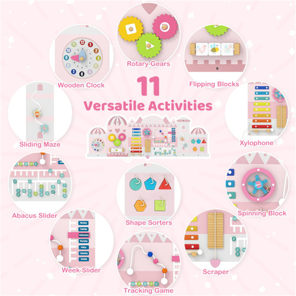 11合1蒙特梭利墙忙板（粉红色）-3+幼儿感官玩具，城堡风格，技能培养-8
