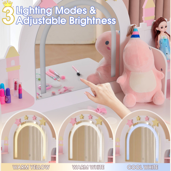 白色+粉色 星星城堡元素 密度板+刨花板  喷漆+丝印+贴三胺 1抽2布抽2层架 左侧2层收纳架 儿童梳妆桌套装-14