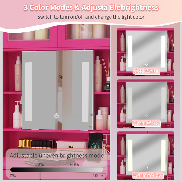 芭比粉 刨花板 贴麻面三胺 3抽2门 1LED3色调光可滑动镜 梳妆桌套装 带RGB灯带 1对羊角钩 排插 吹风机座 脚轮 小尺寸-13