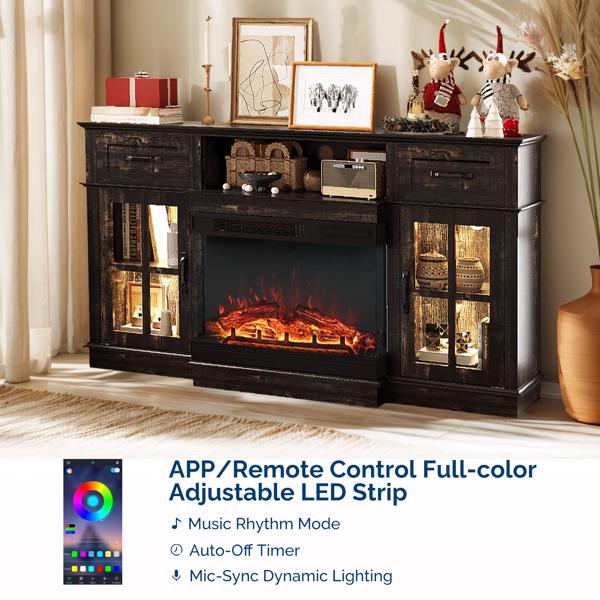 58寸黑金橡木色二门二抽一搁架方格玻璃壁炉柜 147.4*45*80cm 24寸三面玻璃壁炉芯-2