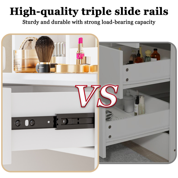 带镜子和灯的化妆台，白色梳妆台，带电源插座和3种照明模式，梳妆台套装，带柜子、抽屉、搁板和储物凳，适用于卧室-4