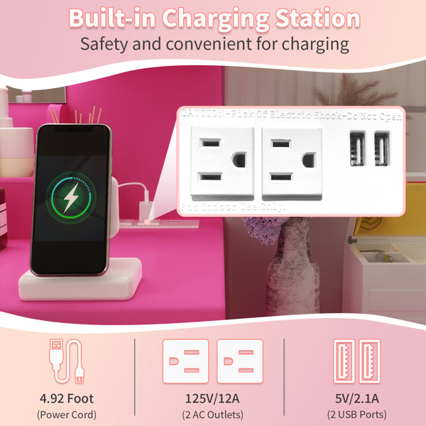 芭比粉 刨花板 贴麻面三胺 9抽2层架 1桌面收纳 梳妆桌套装 带三色调光灯泡 组合柜-5