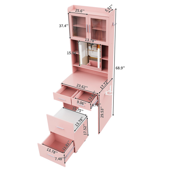 苹果粉 刨花板 贴麻面三胺 3抽2门 1LED3色调光可滑动镜 梳妆桌套装 带RGB灯带 1对羊角钩 排插 吹风机座 脚轮 小尺寸-7