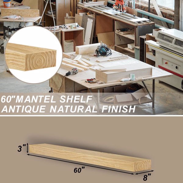 壁炉架，60英寸木质悬浮式壁炉架，壁挂式手工木支架，壁炉上方壁炉架，配有升级树脂端盖，60英寸宽 x 8英寸深 x 3英寸高，仿旧橡木-3