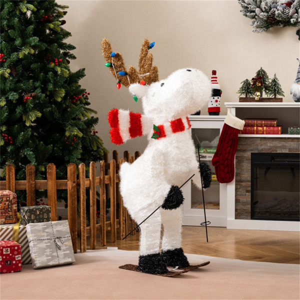 44英寸动画滑雪圣诞驯鹿-98个冷白色LED+12个彩色串灯，红色围巾-1