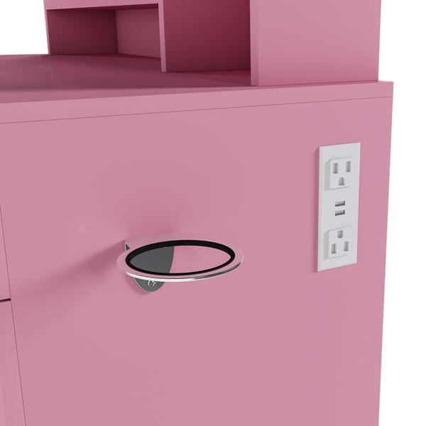 带LED镜灯和电源插座充电站的梳妆台，带3个抽屉、7个搁板和储物凳的化妆梳妆台，适合女孩和女士（粉色）-9