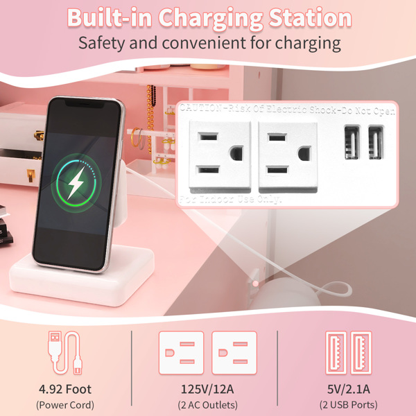 苹果粉 刨花板 贴麻面三胺 3抽2门 1LED3色调光可滑动镜 梳妆桌套装 带RGB灯带 1对羊角钩 排插 吹风机座 脚轮 小尺寸-9