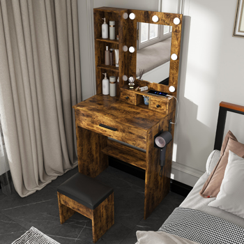 带镜子、可调节LED灯、电源插座、吹风机架和凳子的梳妆台——适用于小卧室的紧凑型梳妆台（复古款）