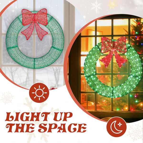 36in 绿色 花环带蝴蝶结  225L皮线灯 绿色加红光 带遥控带定时 圣诞灯饰花环 30V 3.6W 美规-4