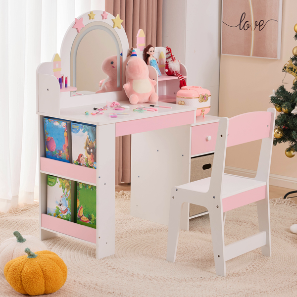 白色+粉色 星星城堡元素 密度板+刨花板  喷漆+丝印+贴三胺 1抽2布抽2层架 左侧2层收纳架 儿童梳妆桌套装-16