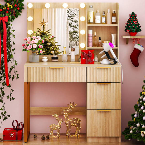 橡木色 刨花板 贴麻面三胺 4抽2层架 梳妆桌 带10粒三色调光灯泡 带排插 格栅系列-2