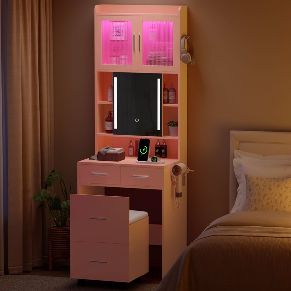 苹果粉 刨花板 贴麻面三胺 3抽2门 1LED3色调光可滑动镜 梳妆桌套装 带RGB灯带 1对羊角钩 排插 吹风机座 脚轮 小尺寸-2