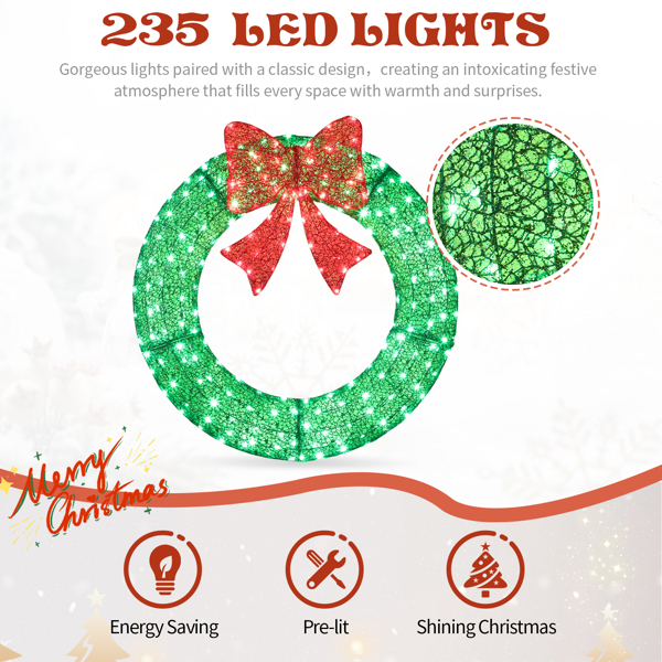 36in 绿色 花环带蝴蝶结  225L皮线灯 绿色加红光 带遥控带定时 圣诞灯饰花环 30V 3.6W 美规-2