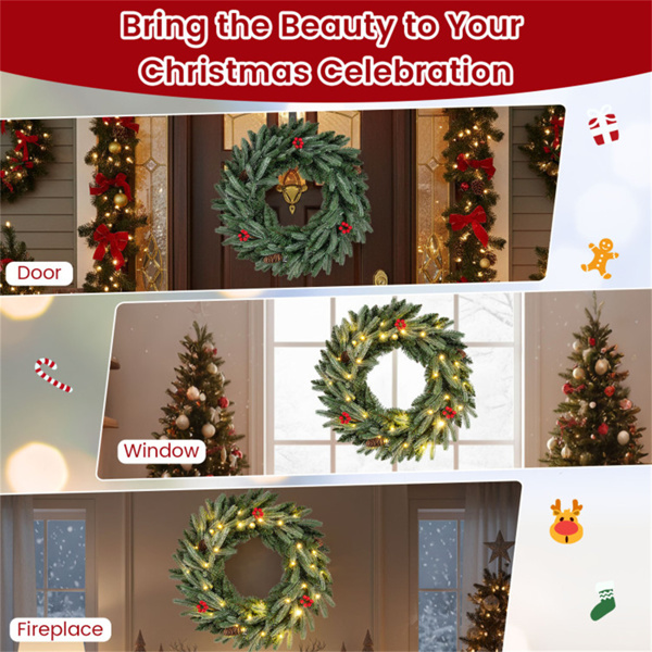 24英寸圣诞花环（绿色）-20个暖白色LED+松果+红色浆果-8