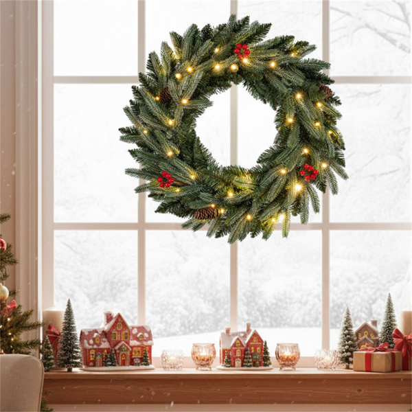 24英寸圣诞花环（绿色）-20个暖白色LED+松果+红色浆果-5