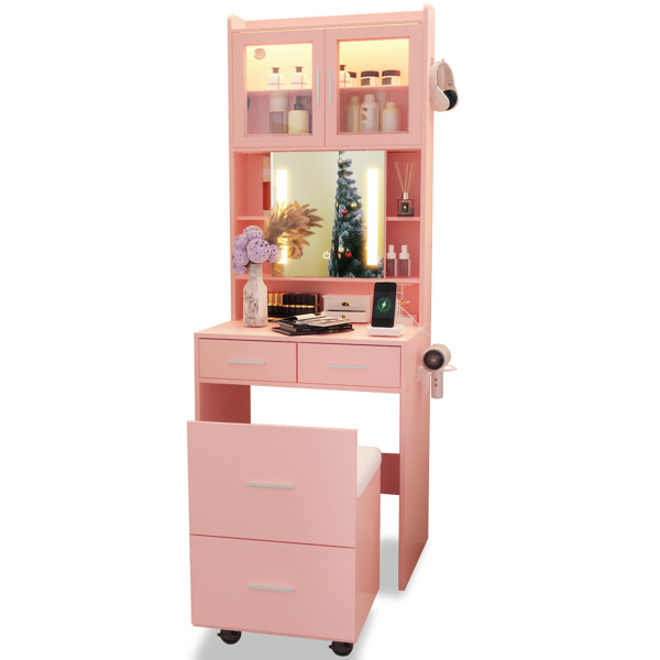 苹果粉 刨花板 贴麻面三胺 3抽2门 1LED3色调光可滑动镜 梳妆桌套装 带RGB灯带 1对羊角钩 排插 吹风机座 脚轮 小尺寸-5