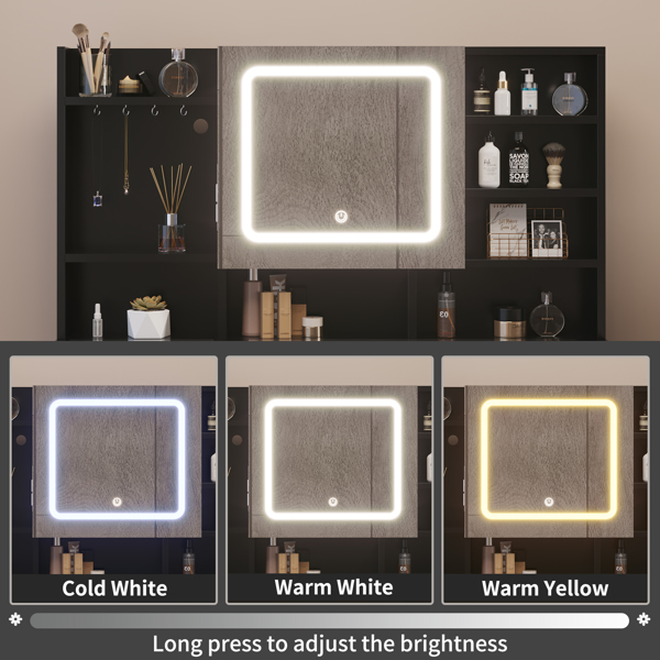 黑色 刨花板 钢化玻璃桌面 贴麻面三胺 5抽 带层架 带挂钩 带镜柜 梳妆桌套装 带排插 带LED三色调光镜-9