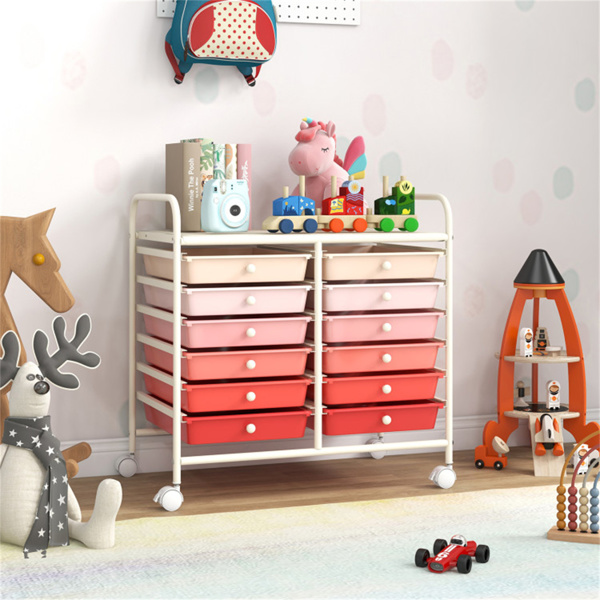 12抽屉滚动储物车-2排10层，多色抽屉，4个轮子（2个制动器），白色框架-粉色-8