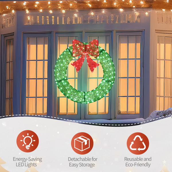 36in 绿色 花环带蝴蝶结  225L皮线灯 绿色加红光 带遥控带定时 圣诞灯饰花环 30V 3.6W 美规-5