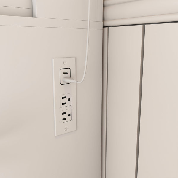 带镜子、可调节LED灯、电源插座、吹风机支架和凳子的梳妆台——适用于小卧室的紧凑型梳妆台（白色）-8