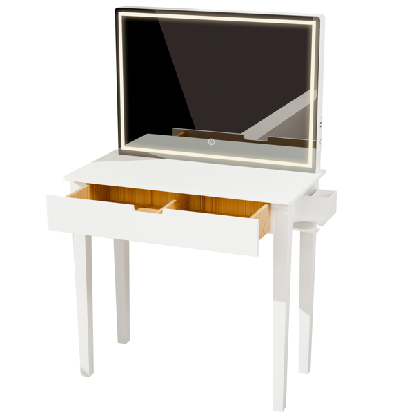 带镜子的梳妆台套装，化妆桌配有一个抽屉，可收纳化妆品，卧室梳妆台配有可调光LED灯和凳子，白色饰面-20