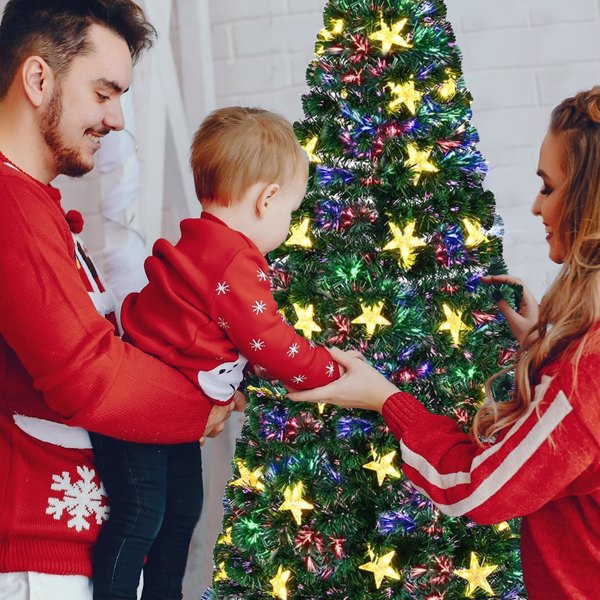 7英尺预亮光纤圣诞树，带大星星，人造圣诞树，云杉树，绿色，带金属支架，节日装饰用整棵树-13