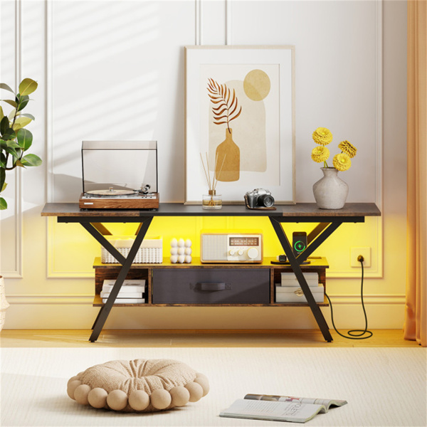 55英寸LED发光电视支架-16种颜色+4种模式，内置充电站（2个AC+USB+C型），乡村棕色+黑色-4