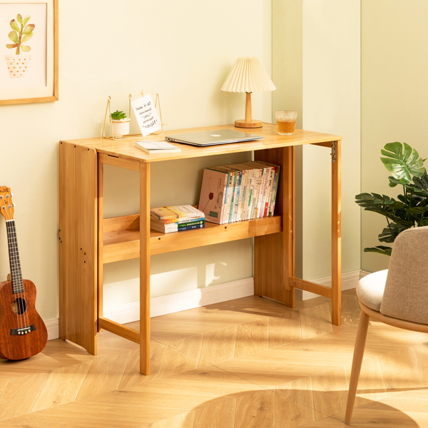 竹制折叠书桌，节省空间的电脑桌，适用于小空间，可折叠学习桌，适合卧室、家庭办公室、宿舍、公寓使用，天然原木色。-15