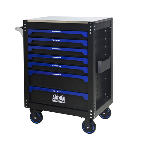 30英寸7抽屉铁质台面实用滚动钢制工具车，带把手和轮子，适用于车库、仓库、修理店等场所的储物柜，工具车需自行组装 - 黑蓝色-3