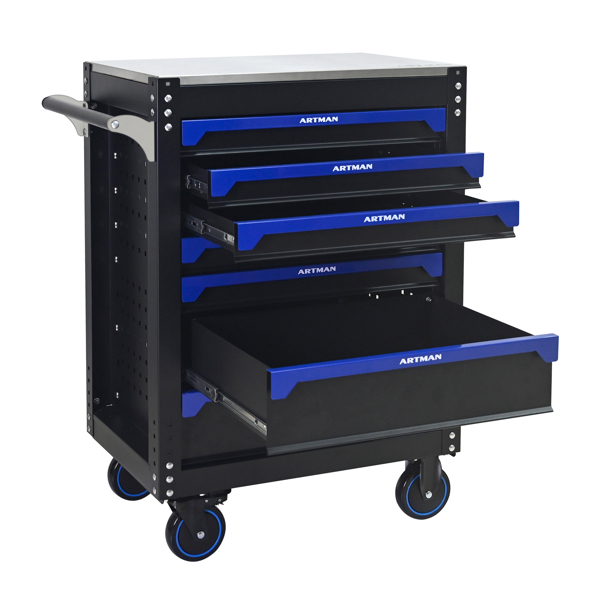 30英寸7抽屉铁质台面实用滚动钢制工具车，带把手和轮子，适用于车库、仓库、修理店等场所的储物柜，工具车需自行组装 - 黑蓝色-2