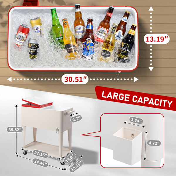 80QT 红色盖子 奶白色箱体 冷冻保温推车 87.5*38.5*91cm 长方形 塑料箱体 铁脚管 冷冻保温-2