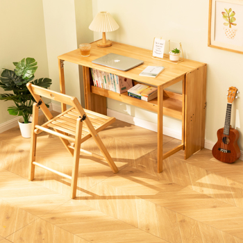 竹制折叠书桌，节省空间的电脑桌，适用于小空间，可折叠学习桌，适合卧室、家庭办公室、宿舍、公寓使用，天然原木色。