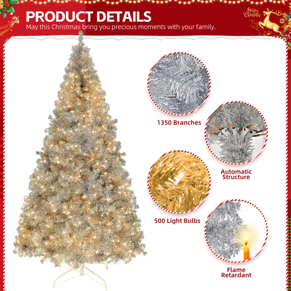 8ft 银色 500灯 暖色8模式 1350枝头 自动树结构 PET材质 圣诞树 美规-5