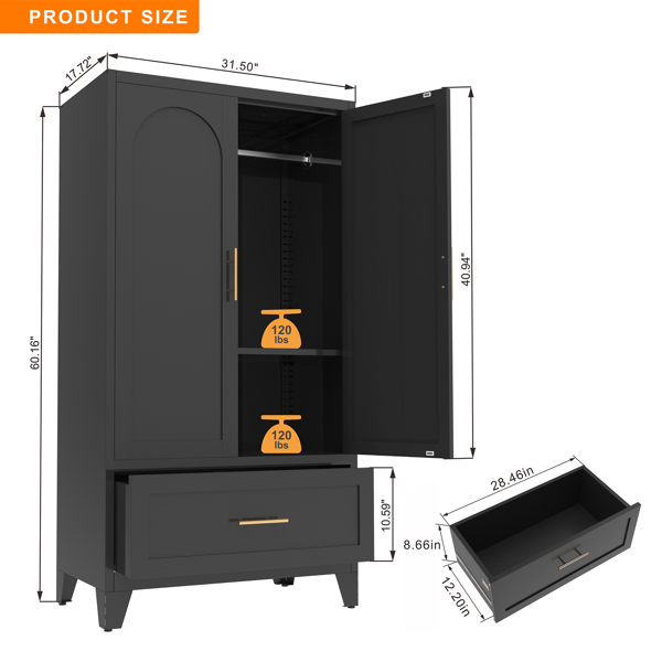 60英寸高金属衣柜，带1个抽屉和挂衣杆，双门设计，内置搁板，适用于卧室、办公室、洗衣房、玄关、门厅、客房（黑色）-17