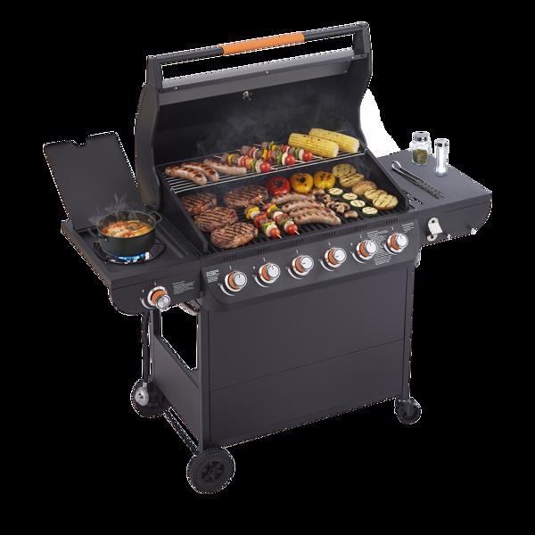 六燃烧器丙烷燃气烧烤炉，带侧炉，72000 BTU功率输出，不锈钢材质，配备铸铁烤架和侧边置物台，适用于户外烹饪、厨房和庭院后院。-17