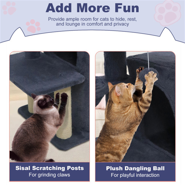 深灰33.5英寸多层猫树，带双层公寓、剑麻抓杆和猫防倾倒装置-5